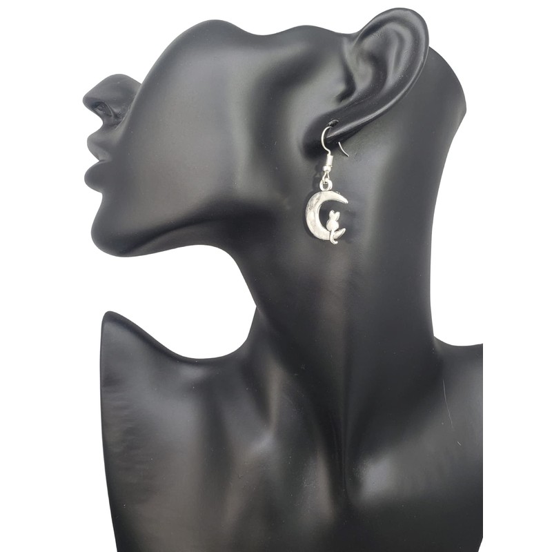 Cat Sitting on Crescent Moon Antique Silver Tone Handmade Dangle