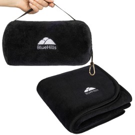 BlueHills Travel Blanket Pillow Rolled Premium Soft Plush Airplane Throw Traveling Accessories Gifts Compact in a Bag 70 X 48 inches Long Plane Flight Portable Lightweight Black R05