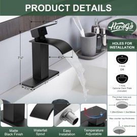 Herogo Matte Black Waterfall Bathroom Faucet, Stainless Steel Vanity Sink Faucet Set with Pop-up Drain & Hooks, Single Handle 1 Hole or 3 Holes Deck Mount RV Lavatory Tap with 2 Water Hoses
