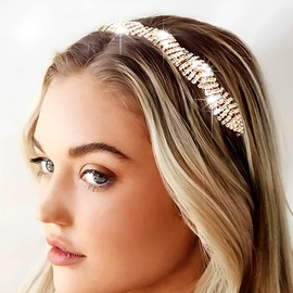 Fdesigner Wedding Gold Crystal Headband Bride Rhinestone Head Chain Jewelry Sparkly Headpiece Women Prom Hair Accessories (Gold)