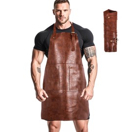 MIKI WELL Leather Welding Rustic Apron with Large Pockets and Adjustable Straps, Handmade (brown)