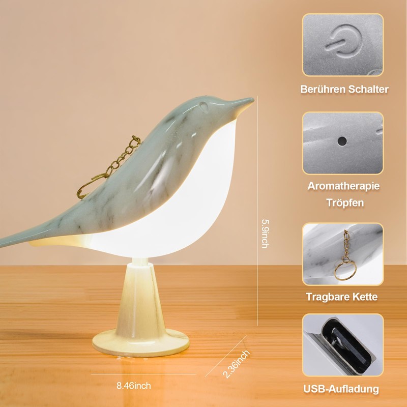 Danolt Bird Bedside Lamp Without Cable, Bedside Lamp Touch Dimmable,