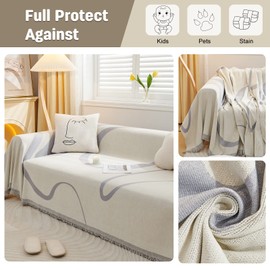 VanderHOME Chenille Sofa Throw Sofa Cover Home Decor Four Seasons Universal Woven Tassel Throws Abstract Geometric Line Multifunctional Soft Comfortable Sofa Blanket 180 * 130cm Light grey