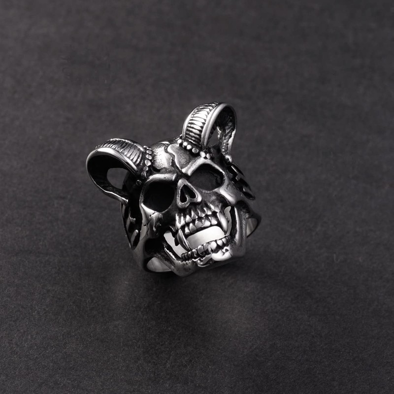 Men's Horn Goat Skull Ring Silver Stainless Steel Statement Ring