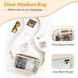 MoKo Clear Bag for Stadium Events, Waterproof Lightweight Concert Crossbody Bag with 3 Pockets and Adjustable Shoulder Strap for Men Women for Gym, Music Festival, Outdoors, Beige