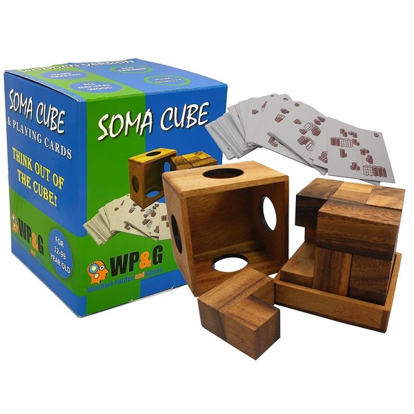 Soma Cube Puzzle Wooden with 50 Playing Cards 3D Brain Teaser in a Large Size