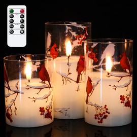 Lasumora Cardinal Theme Flameless Candles with Remote Timer, LED Pillar Candles, Real Wax & Glass, Battery Operated 3D Wick Flickering Candles for Home Festival Décor Gifts(Pack of 3)