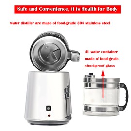 EQCOTWEA Stainless Steel Water Distiller, 1.1Gal/4L Countertop Water Distiller Machine, Water Purifier Distillers with Glass Container to Produce Pure Distilled Water for Hospital, Home, Lab