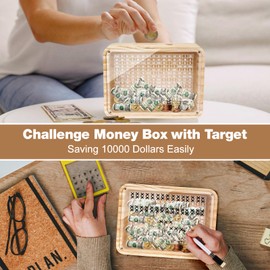 Wooden Money Box Money Bank, Clear Countdown Money Saving Box with 10000 Dollars Target, Money Box with Money Target and Numbers to Check for Adults Kids Boys Girls