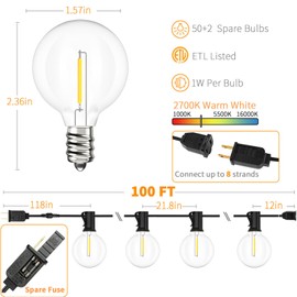 Svater Outdoor String Lights Waterproof 100 FT, LED Patio Lights Outside with 52 Shatterproof G40 Bulbs, Dimmable Hanging Globe Lighting for Bistro Backyard Cafe Market Porch, Warm White 2700K