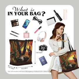 Western Tote Bag for Women, Cactus & Horse Riding Cowgirl Design, Reusable Grocery Bag with Zipper, Wild West Rodeo Festival Gift