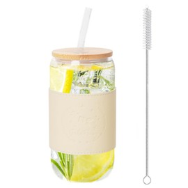 RCINDUS 16 OZ Glass Cups with Bamboo Lids and Straws - Beer Can Shaped Drinking Glasses with Faux Leather Protective Sleeve Set, Iced Coffee Glasses,Amber