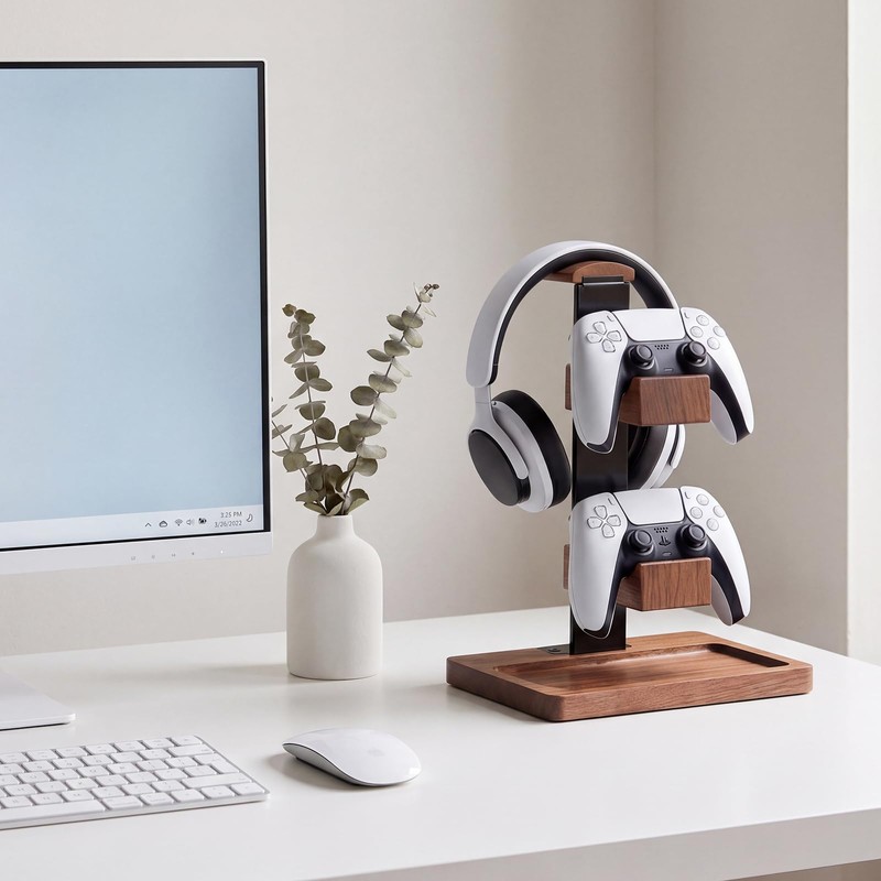 Hooshion Wood Controller Holder, Headphone Stand, Multiple Controller Storage Dispay,