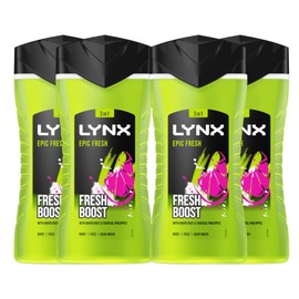 Lynx Epic Fresh Boost 3-in-1 Body, Face and Hair Wash, Grapefruit and Tropical Pineapple Shower Gel 225ml | Set of 4 | Click on '𝗖𝘂𝘀𝘁𝗼𝗺𝗶𝘀𝗲 𝗡𝗼𝘄' for More Bulk Options!