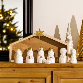 Christmas Nativity figures Set of 8 Indoor Decorations, Table Top Holy Family Decor, Resin and Wooden Nativity Scene Set, White and Gold Little Jesus Manger Scene for Shelf Mantel Decor Holiday Home