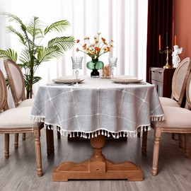 Monibana Plaid Farmhouse Gray Oval Tablecloth Cotton Linen Heavy Weight Checkered Table Covers Cloths for Dining Room Kitchen Tabletop Decoration, 55x78 Inch