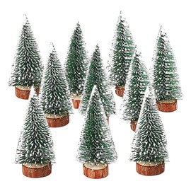 10 PCS Artificial Mini Christmas Trees Miniature Frosted Christmas Trees Miniature Christmas Tree Mini Ornament Tabletop Trees Miniture Snowing Pin Trees with Wooden Bases for Xmas Party 10cm