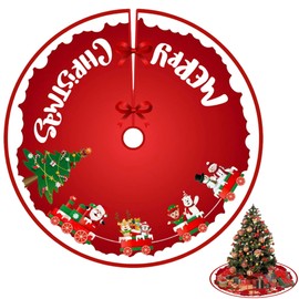 Christmas Tree Skirt 36 Inch Red Cloth Christmas Tree Base Cover Skirts Decor for Xmas Party Holiday Home Garden Christmas Train (A-SQ49 Christmas Train)