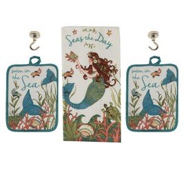 Mermaid Kitchen Towel - Mermaid Potholders and 100% Cotton Terry Dishtowel with Magnet Hooks - 5 Piece Set