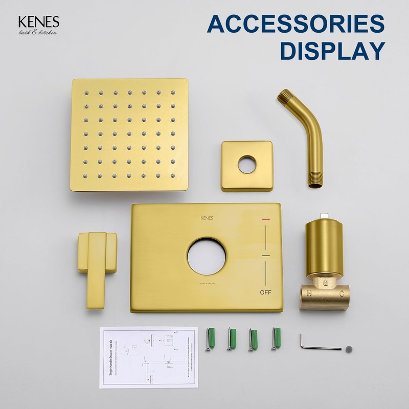 KENES Modern Brushed Gold Shower Faucet, Square Shower Trim Kit
