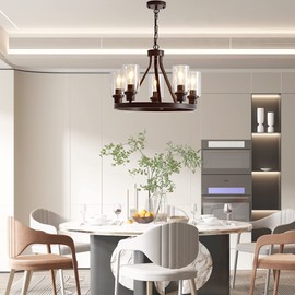 Sivilynus Farmhouse Chandelier Lighting Round 5 Lights Oil Rubbed Bronze with Glass Shade Ceiling Hanging Vintage Rustic Light Fixture for Dining Room Living Room Foyer Porch Kitchen Island