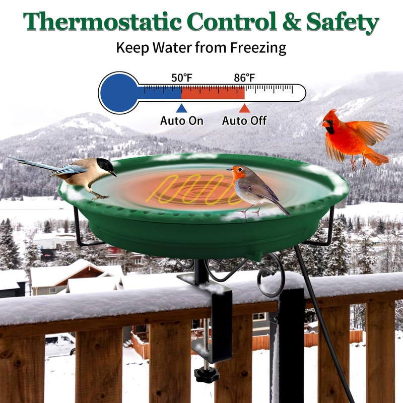 Lovppy Heated Bird Bath for Deck Railing, 100W Thermostatically Controlled