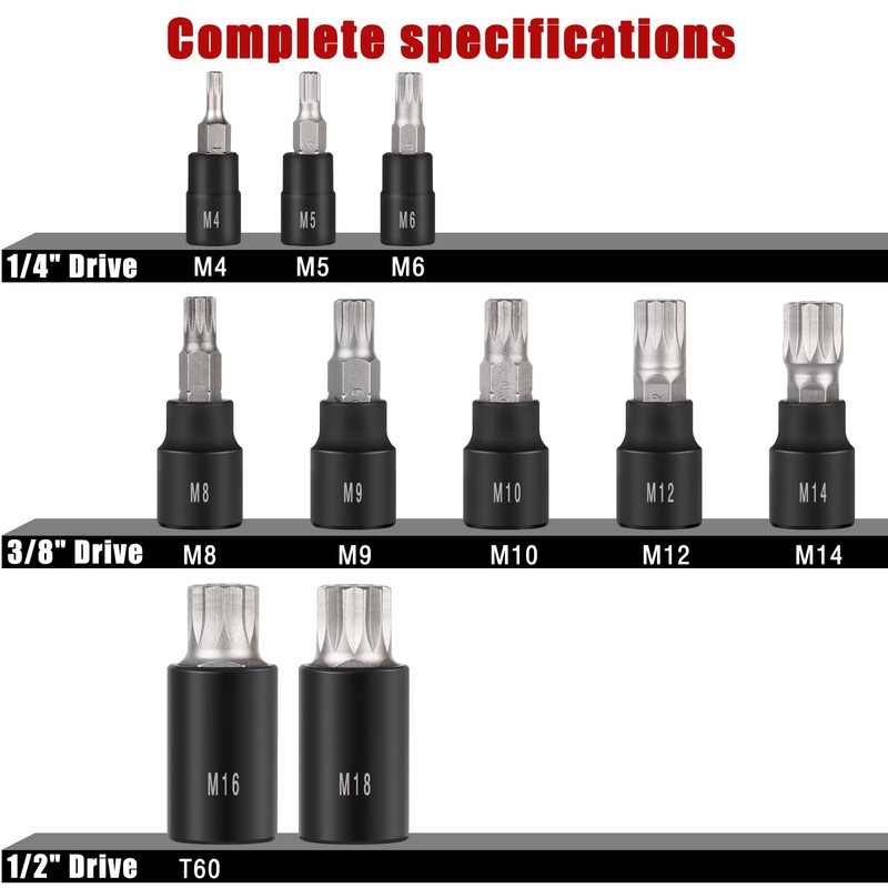 Awang 10-Piece XZN Triple Square Spline Bit Socket Set, 1/4",3/8"and