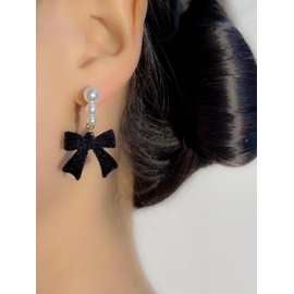 Elegant Velvet Pearl Earring Dainty Bowknot Bow Earrings with Pearls Wedding Earrings for Brides Birthday Christmas Gifts for Women - Black