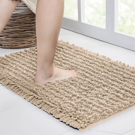 Walensee Bathroom Rug Non Slip Bath Mat (32x20 Inch Beige) Water Absorbent Super Soft Shaggy Chenille Machine Washable Dry Extra Thick Perfect Absorbant Best Large Plush Carpet for Shower Floor