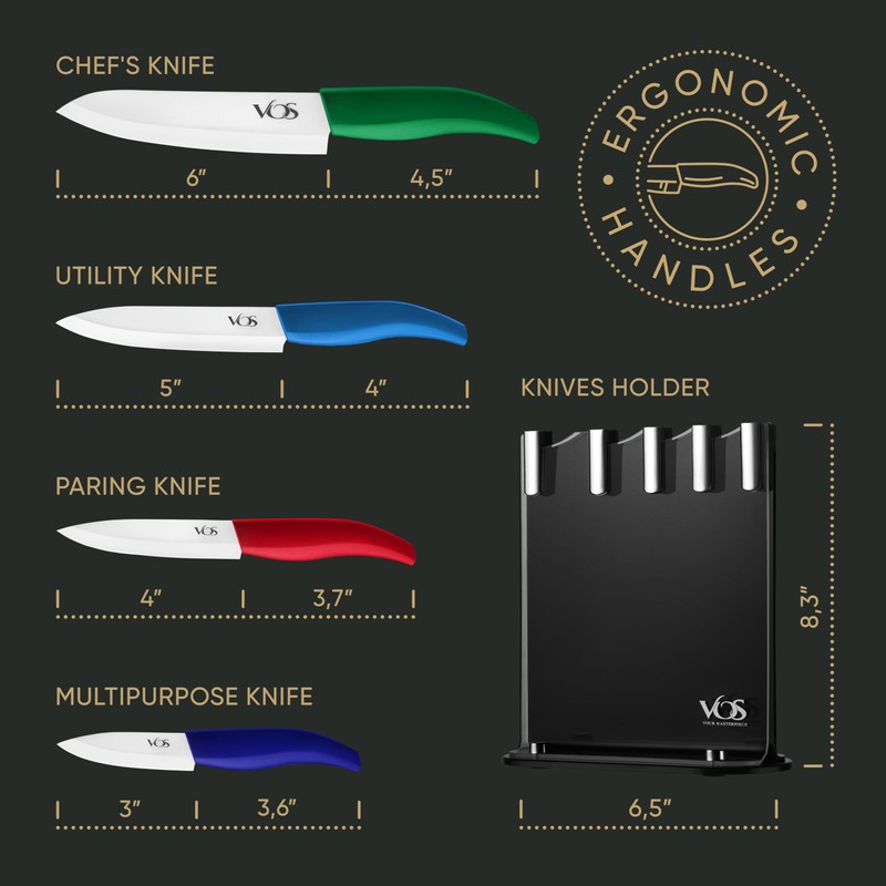 Vos Ceramic Knife Set with Block, Ceramic Knives Set For