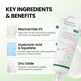 AXIS-Y COMPLETE NO-STRESS PHYSICAL SUNSCREEN 50ML- PROTECTOR SOLAR SPF 50+ PA ++++ - Protector solar con 2% de niacinamida y péptidos para proteger de
