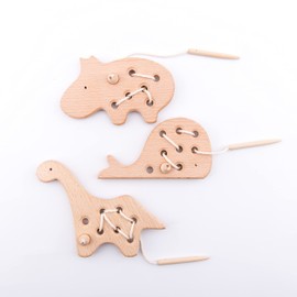 O-Life Lacing Toy, String String, For Babies, Educational Toy, Early Development, Fingertip Training, Coordination Ability, For Children, Animals, Whales, Hippopotamus, Dinosaurus, Wooden, Natural