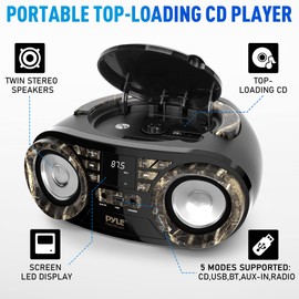 PYLE CD PLAYER PORTABLE, CD PLAYERS FOR HOME, PORTABLE CD PLAYER, 50W MAX POWER, WIRELESS BT STREAMING, AM/FM RADIO, USB PORT, INCLUDES AC/DC POWER CORD, 3.5MM AUX INPUT, HEADPHONE JACK