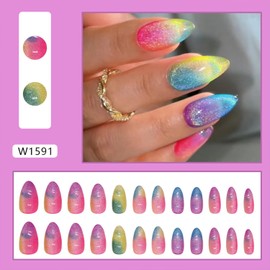 Tyuimhx Colorful Press on Nails Medium Almond Fake Nails Glossy False Nails with Glitter Designs Full Cover Stick on Nails Acrylic Reusable Artificial Nails for Women Glue on Nails 24Pcs