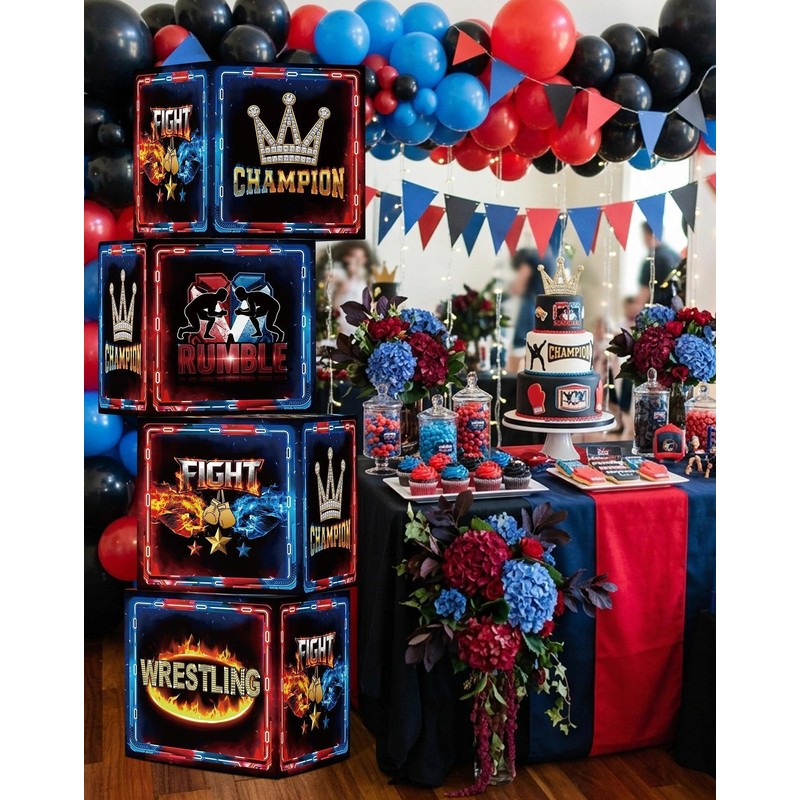 HAPPARTY Wrestling Theme Block Boxes 30x30CM Centerpieces 4PCS for Birthday