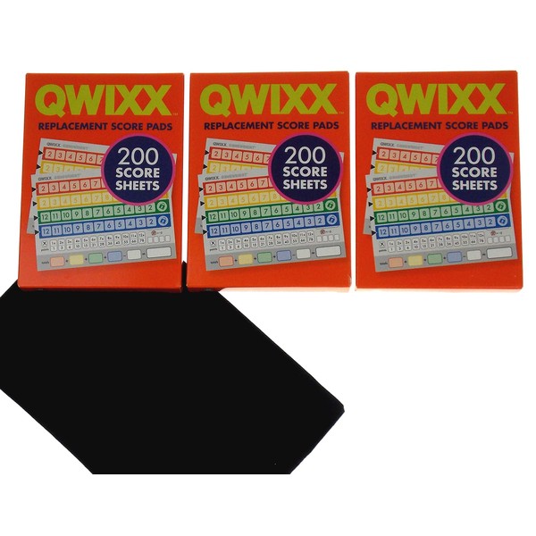 QWIXX Original 3 Replacement Score Pad Boxes Bundle (in Color) - 600 Score Sheets (Score Cards) - Bonus Hickoryville Velour Storage Bag