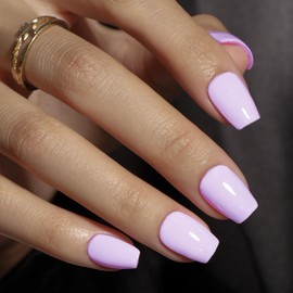 KQueenest Light Purple Press On Nails Short - Summer Press On Nails Coffin, Sheer Lavender Medium Fake Nails with Glue, Glossy Ballerina Reusable Soft Gel Glue on Nails for Women, 30 Pcs