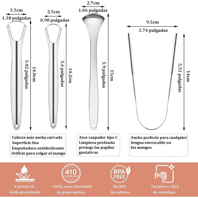 4 Piezas Limpiador de Lengua de Acero Inoxidable, con Estuche