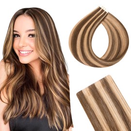 SEGO Injection Tape in Hair Extensions Human Hair Tape in Hair Extensions Invisible Tape in Hair Extensions 14 Inch #4YP27 Chocalate Brown mixed Platinum Blonde 10PCS 5pcs Invisible and 5pcs Normal