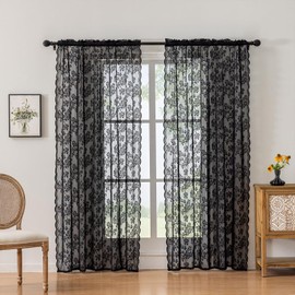 Jayla Black Lace Curtains - Lace Sheer Curtains Black for Bedroom, Floral Embroidered Farmhouse Window Drapes Vintage European Tulle Retro Style, Rod Pocket, 2 Panels, 52" W x 54" L