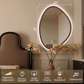 TheiaMo Irregular LED Bathroom Mirror with Lights, 32"x24" Wood Framed LED Vanity Mirror, Anti-Fog Smart Mirror with 3 Colors Dimmable for Living Room Bathroom Entryway, Walnut