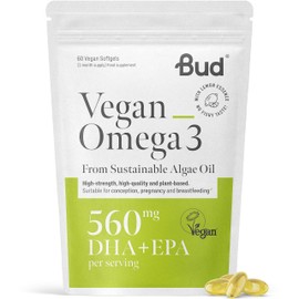 Bud Vegan Omega 3 Supplement - High-Strength DHA + EPA - Premium Sustainable Plant-Based Algae Oil - Omega Supports Heart, Brain & Eye Health - 60 Lemon Omega 3 Vegan Softgels (1 Month Supply)