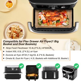 BYKITCHEN 150pcs Airfryer Backpapier für Ninja Flex Drawer Dual Zone AF500EU 10,4L Heißluftfritteuse,Zubehör für Ninja Foodi AF500EU AF500EUCP Airfryer,Auch kompatibel mit Cecotec Dual 9000 9L