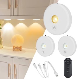 XNREOZLM Puck Lights with Remote Control, Rechargeable Under Cabinet,3 Color Temperatures Dimmable Under Counter Light, 3 Pack Tap Lights White
