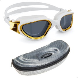 AqtivAqua Swimming Goggles Swimming Adult and Kids Swimming Goggles Kids 6-14 Men Women Swim Goggles Childrens Kids Boys Girls Polarized DX-P (Metallic Gold, Silver case, Polarised lens)