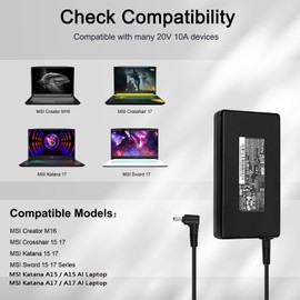 200W 10A Charger Power Supply for MSI Katana A15 A17 AI B8VG B8VF B13VFK B13VGK Katana 15 17 Charger 200W Delta ADP-200JB F Chicony A21-200P2B