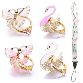 4 Pack Phone Ring Stand, Diamond Bling Butterfly Cell Phone Kickstand Grip, 360 Rotation Universal Multi Angle Metal Phone Ring Holder (2 Butterfly, 2 Swan, 1 Strip)