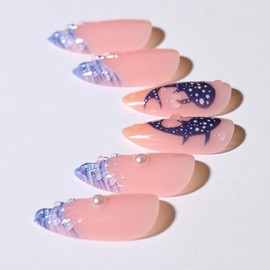 Blue French Tip Press on Nails Dolphin Almond Shaped Fake Nails with Peal Designs Full Cover Reusable Stick on Nail Summer Ocean Glue on Nails Blue Tip Cute Medium False Nail for Women 24Pcs