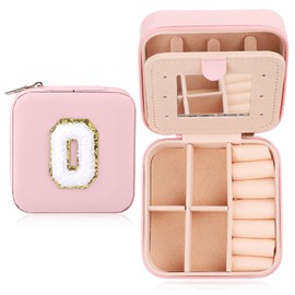 Letter Jewelry Box Travel, Portable Mini Alphabet Jewelry Travel Case PU Leather Small Jewelry Organizer Pink Jewelry Travel Case with Exquisite Letter for Women Girls Travel Essentials (Letter O)