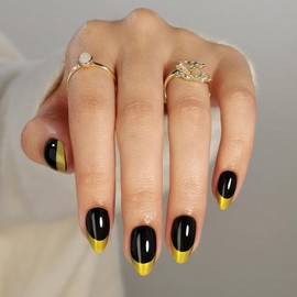 SHANGMENG Black and Gold French Tip Press on Nails Short for Women Gift - Soft Gel Press on Nails Almond with Glue, Fit Perfectly Glue on Nails in 16 Sizes - 32 Reusable Fake Nails, Black Gold